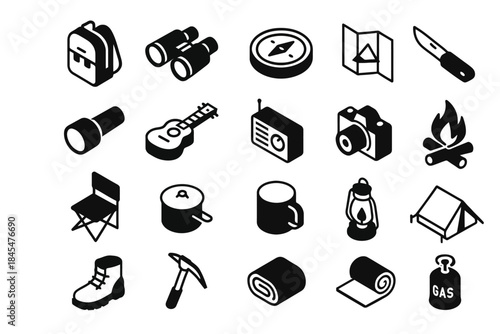 Camping icons set: backpack, compass, guitar, camera, tent and more