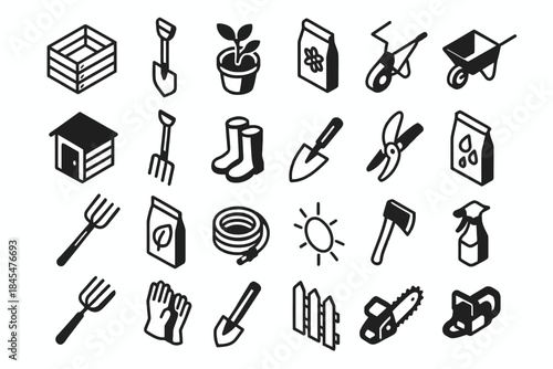 Collection of gardening tools and supplies icons including wheelbarrow and seed bag