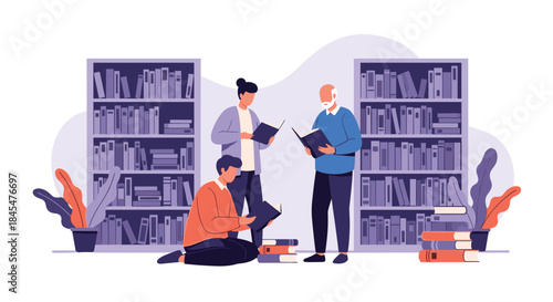 Three men of different generations reading and choosing books together in a library, representing lifelong learning and a love for literature.
