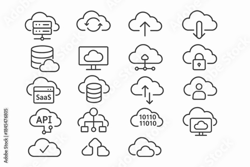 Cloud computing icons with storage, networking, and security symbols