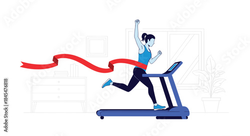 Determined woman achieves her fitness goal, breaking a finish line ribbon while running on a treadmill in a home gym setting.