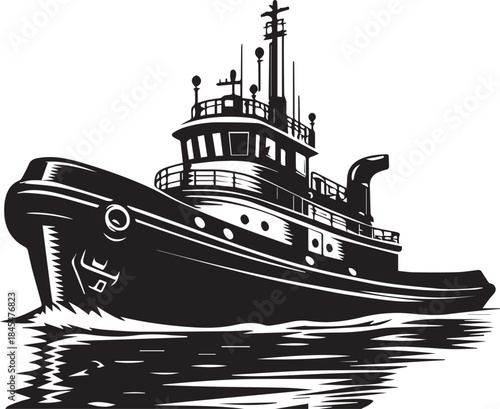 Tug boat sailing on calm water with prominent fender on side.eps
