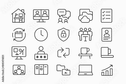 Minimalist business icons: communication, security, data, and productivity symbols