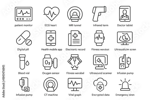 Healthcare technology icons: medical devices and digital solutions