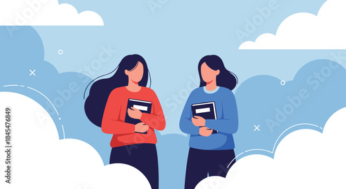 Two identical young women or sisters holding books while standing together among the clouds, representing education and dreams.