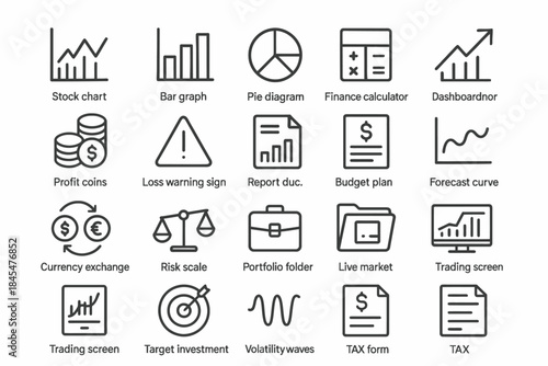 Financial icons: charts, graphs, calculators, and trading symbols