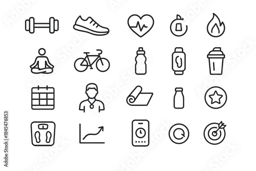 Fitness and wellness icons: dumbbell, running shoe, heartbeat, meditation, cycling