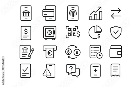 Financial technology icons: banking, payments, analytics, security, transactions