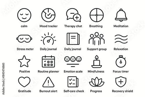 Icons for mental health and wellness: journals, meditation, and stress management tools