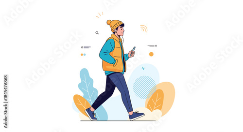 Stylish young man wearing a beanie and vest listens to music with earphones while walking through a park on a cool day.