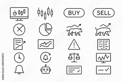 Stock market trading icons: charts, bull, bear, buy, sell, alerts, analysis tools