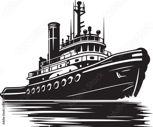 Tug boat sailing on calm water with prominent fender on side.eps
