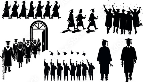Graduate Silhouettes Set: Students in Caps and Gowns, Diploma Celebration Vector Collection, Education, Academic Achievement, University Ceremony Graphics.