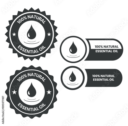 Essential oil drop icon for beauty and skincare natural product certificate label. Essential oils sticker logo for body lotion, cream and shampoo moisturizer, spa wellness fragrance.