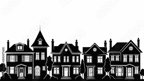 Row of Diverse Architectural Style Houses in Silhouette.