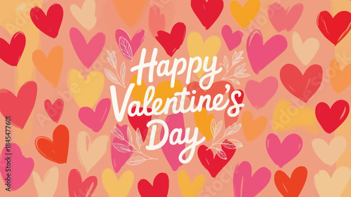 Hand drawn red and pink hearts on peach background with happy valentine's day text for romantic greeting card or wallpaper