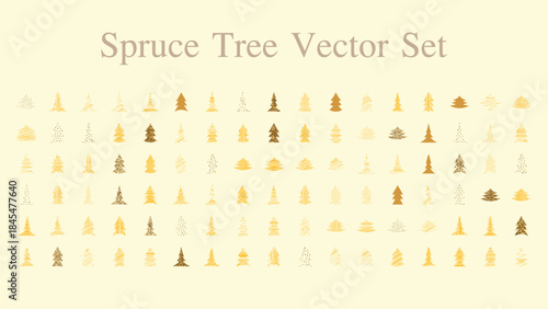 Spruce Tree Vector Set Scribble, Dotted, Gold