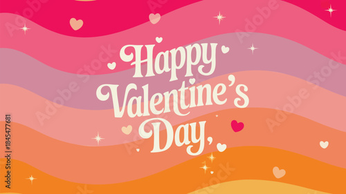 Happy valentine's day background with smooth gradient wavy layers of pink and orange hues, scattered hearts, and stars