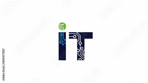 Modern IT logo with circuit board design and green sphere.