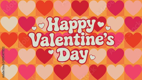 Vibrant retro style valentine's day background with hearts and happy valentine's day text in a cheerful orange red and pink color scheme