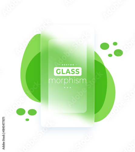Abstract glass morphism background. Frosted glass screen with overlay effect on floating 3D spheres in green on dark gradient background.
