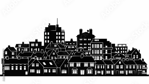 Silhouette of a diverse cityscape with residential and commercial buildings.