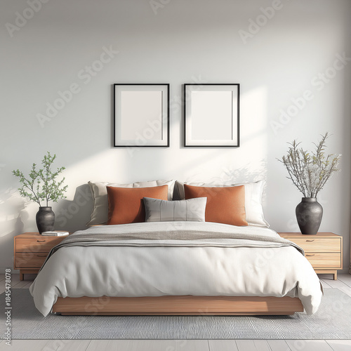 Two frames in minimal bedroom design, interior mockup 