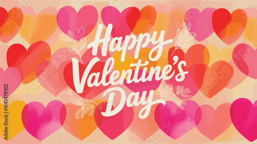 Happy valentine's day greeting card with soft watercolor hearts in various pink and orange hues on a pastel background