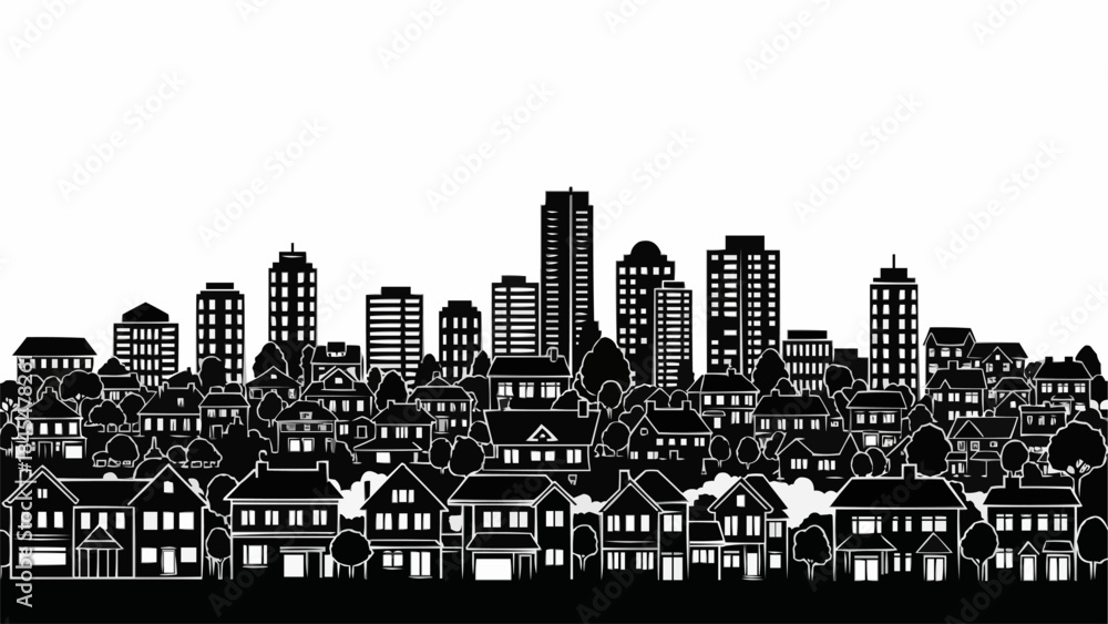 Obraz premium Silhouette of a sprawling city skyline with diverse buildings and residential homes.