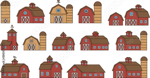 Farm barn buildings illustration set, red barns and silos collection, flat colorful vector icons for agriculture, countryside, rural architecture, farming design projects