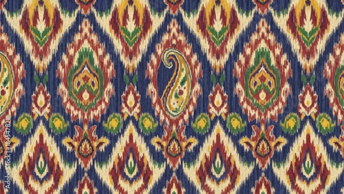 Traditional Uzbek Ikat Fabric with Intricate Paisley Patterns.