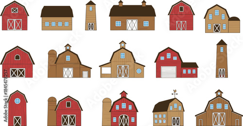 Farm barn buildings vector set, rural houses silos and barns collection, flat colorful illustration for agriculture, countryside, farming, village architecture design