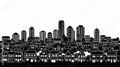 Silhouette of a sprawling city skyline with diverse buildings and residential homes.