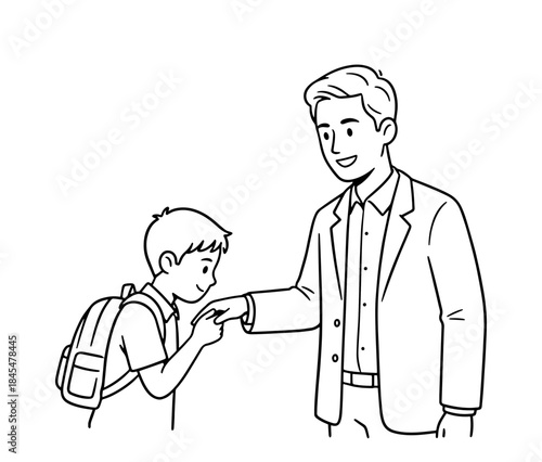 Black and white line drawing of a young student with backpack showing traditional respect by kissing their teacher's hand in formal greeting. Clean minimalist style perfect for educational materials.