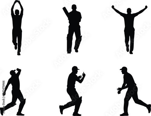 Cricket player silhouettes set, batsman bowling catching actions, black vector sports illustration isolated on white background for game analysis design use