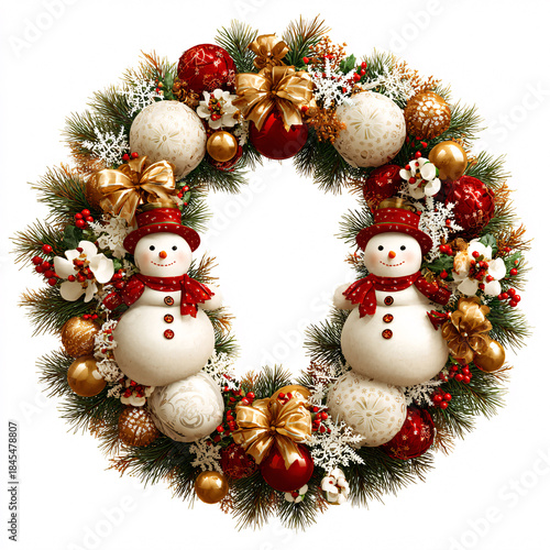 Christmas wreath of fir branches with snowmen and gold ornaments, with copy space