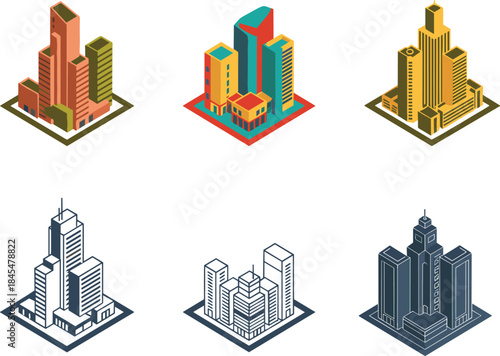 Isometric city building icons set, modern skyscraper downtown blocks, colorful and outline vector illustration for urban planning, real estate, architecture design projects