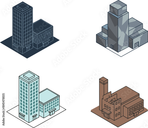 Isometric building illustrations set, modern office towers and industrial structures, flat 3D vector design for architecture, real estate, urban planning projects