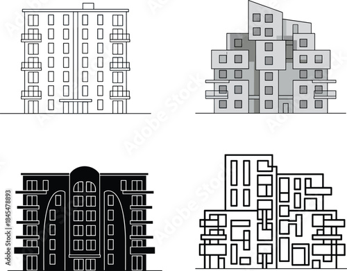Residential apartment building illustrations set, modern housing facades in outline and solid styles, vector architecture design for real estate, urban living projects