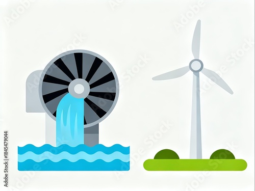 Flat vector illustration of natural renewable energy cycle, water turbine and wind turbine