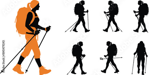 Active young woman silhouette trekking with backpack and hiking poles, demonstrating outdoor adventure, nature exploration, fitness, and healthy lifestyle vector illustration
