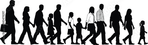 Diverse Group of People and Families Walking Together in a Line, Black Silhouette Vector Illustration Isolated on a White Background for Design Projects