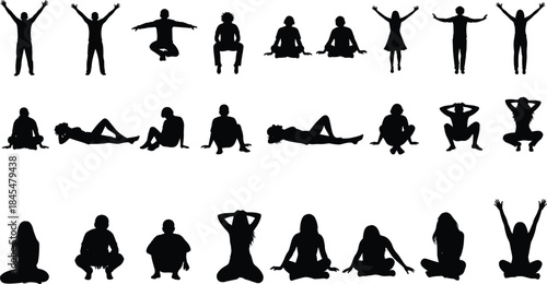Large set of diverse people silhouettes in various poses including sitting, crouching, lying down, and meditation positions, demonstrating relaxation and body language vector graphic
