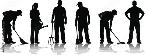 Set of Silhouettes of Gardeners and Maintenance Workers Engaged in Various Yard Work Tasks Including Sweeping, Watering, and Digging with Tools