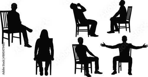 Set of Six Black Silhouettes of People Sitting on Chairs in Various Relaxed, Emotional, and Pondering Poses on a White Background