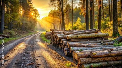 Golden hour sunlight streams through a woodland, illuminating a dirt road and a neatly stacked pile of harvested timber.