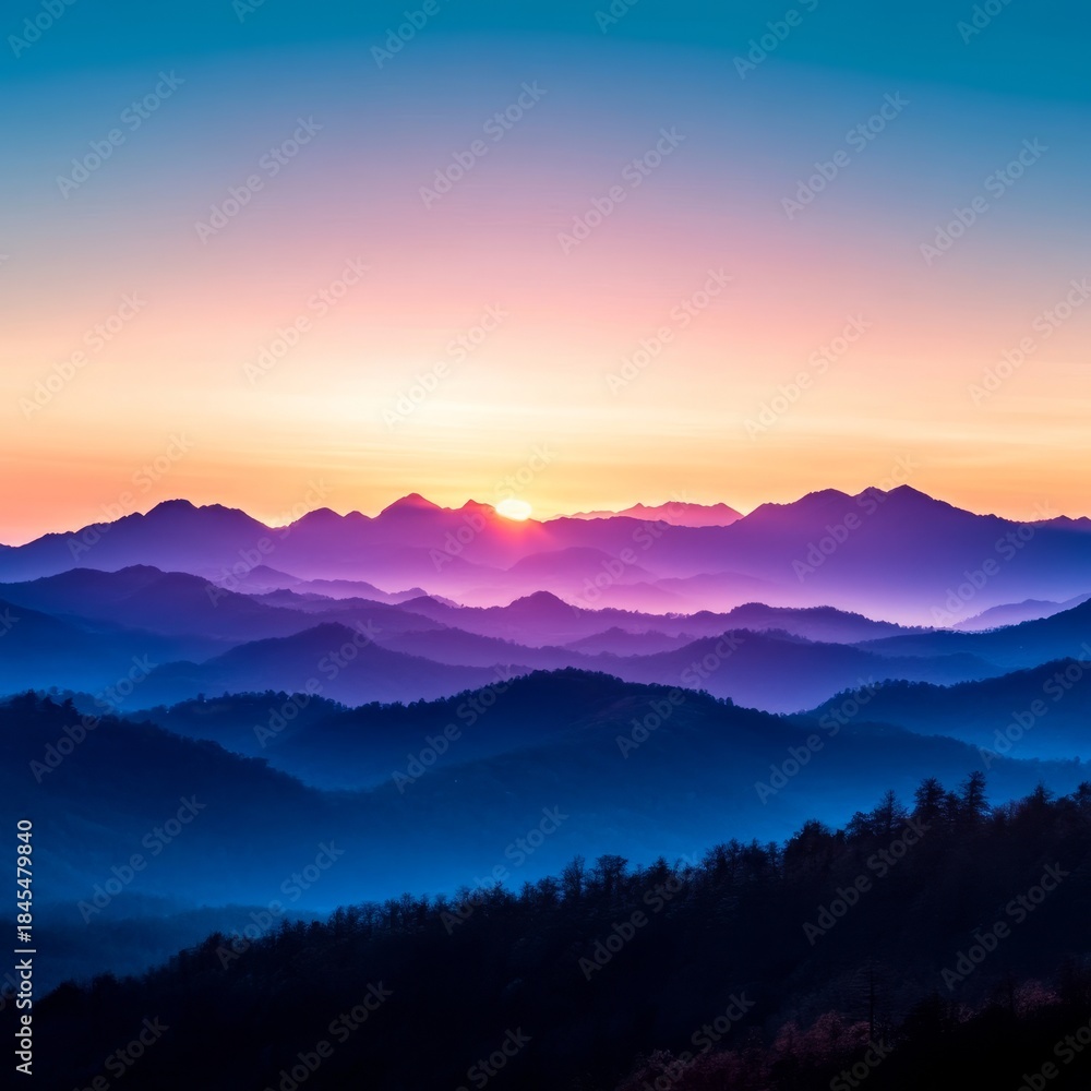 Fototapeta premium Majestic Mountain Ridges at Dusk A Stunning Display of Blue and Purple Shades in Nature s Grandeur