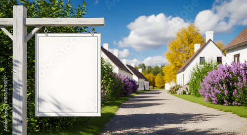 Blank white sign board on a wooden post in a charming village street with quaint houses and green trees.