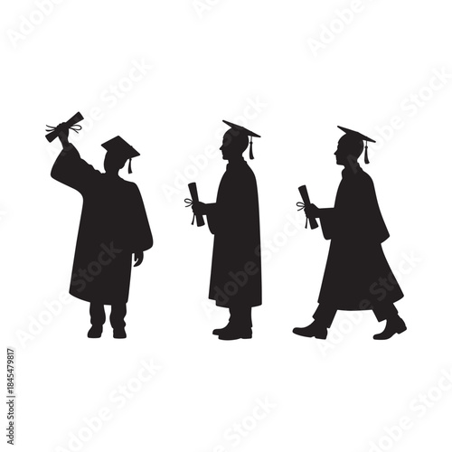 Silhouettes of graduating students celebrate their achievement holding diplomas high