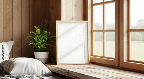 Blank vertical picture frame mockup leaning on a rustic wooden window sill with a green plant and soft pillows.